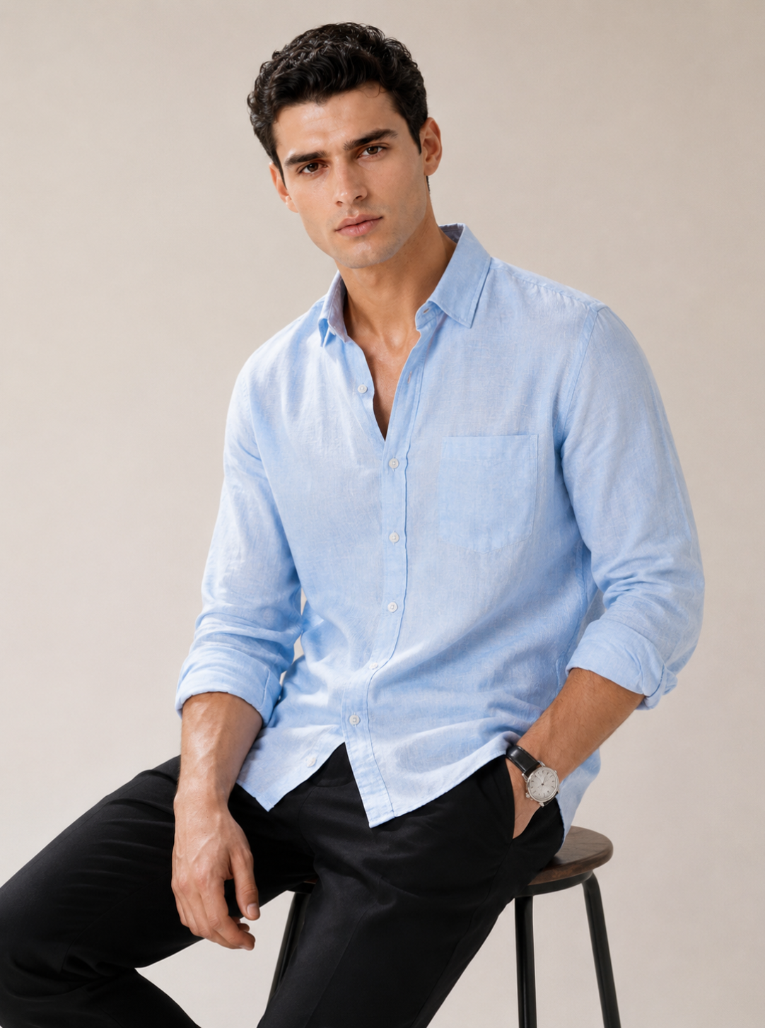Men Slim Fit Solid Powder Blue 100% Premium Linen Shirt