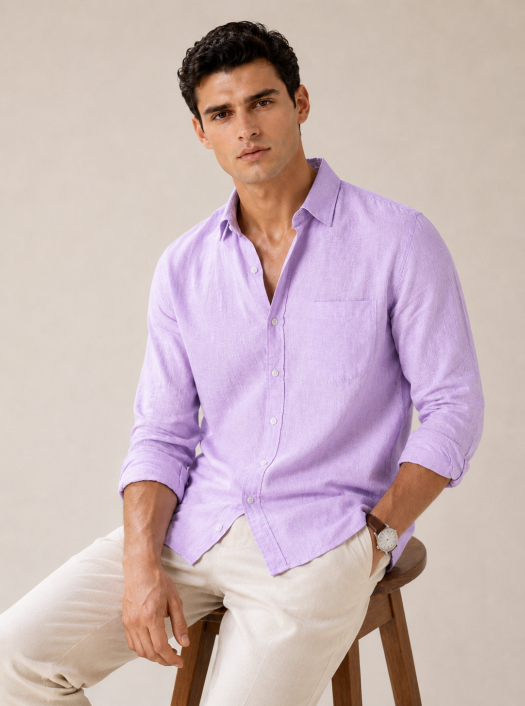 Men Slim Fit Solid Lavender 100% Premium Linen Shirt
