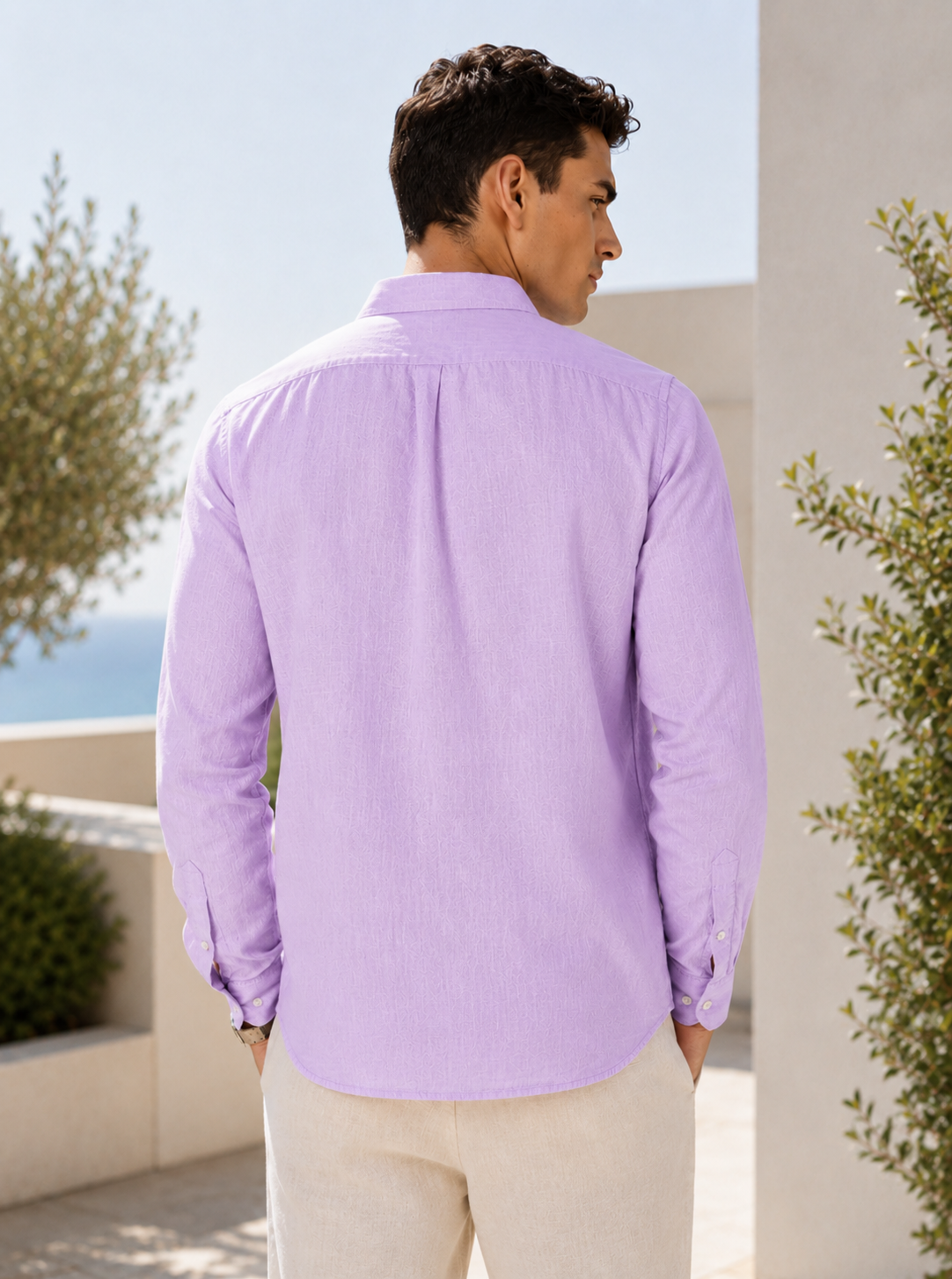 Men Slim Fit Solid Lavender 100% Premium Linen Shirt
