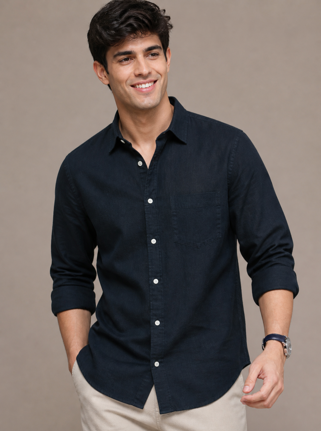 Men Slim Fit Solid Royal Blue 100% Premium Linen Shirt