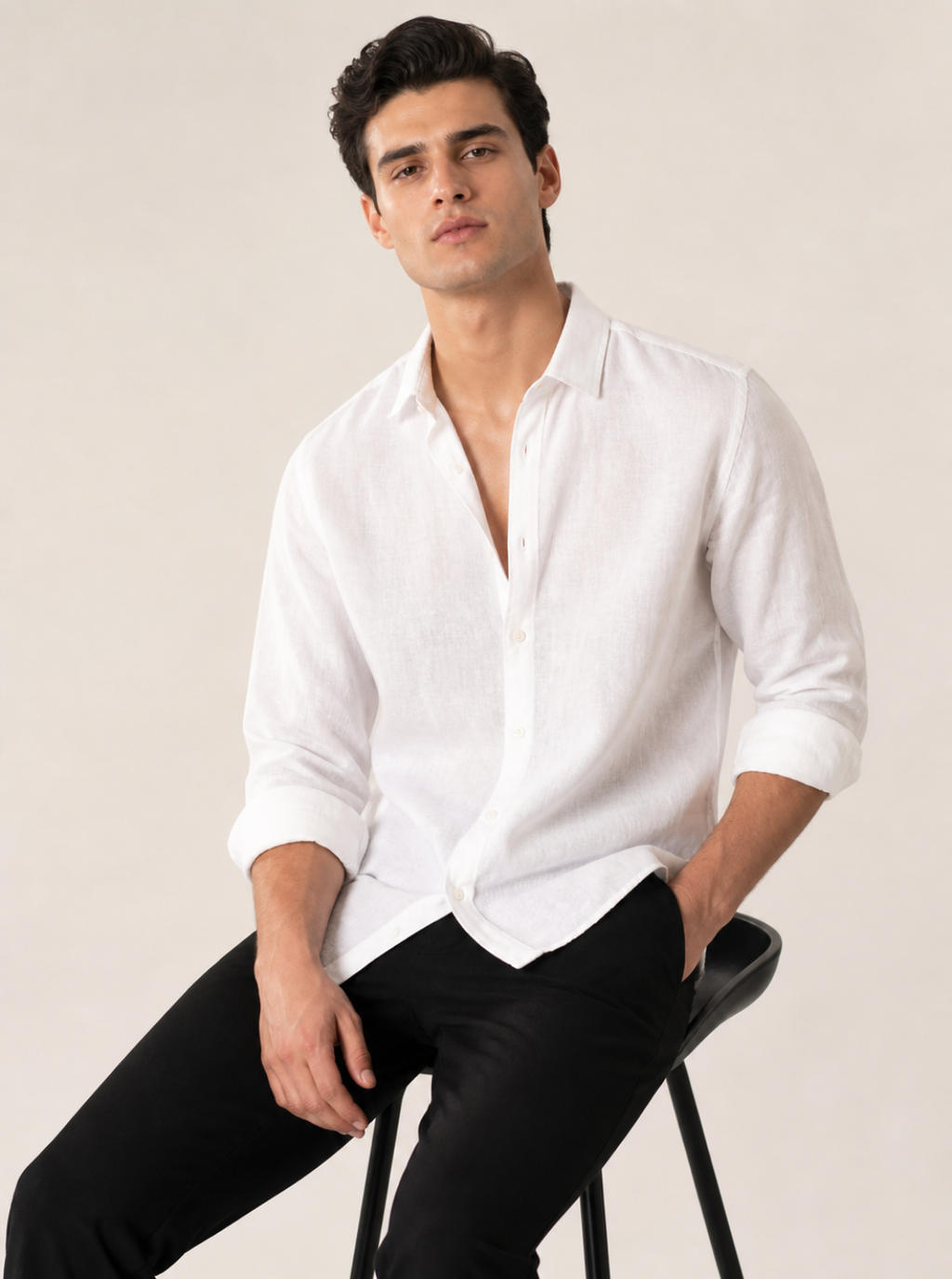 Men Slim Fit Solid White 100% Premium Linen Shirt