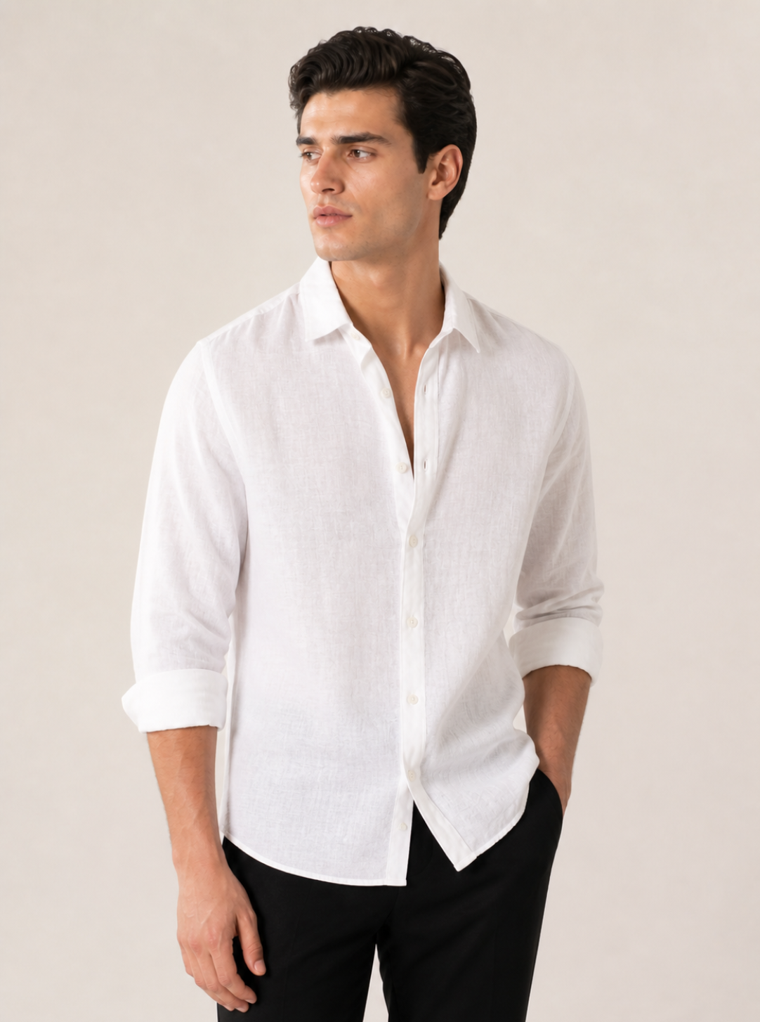 Men Slim Fit Solid White 100% Premium Linen Shirt