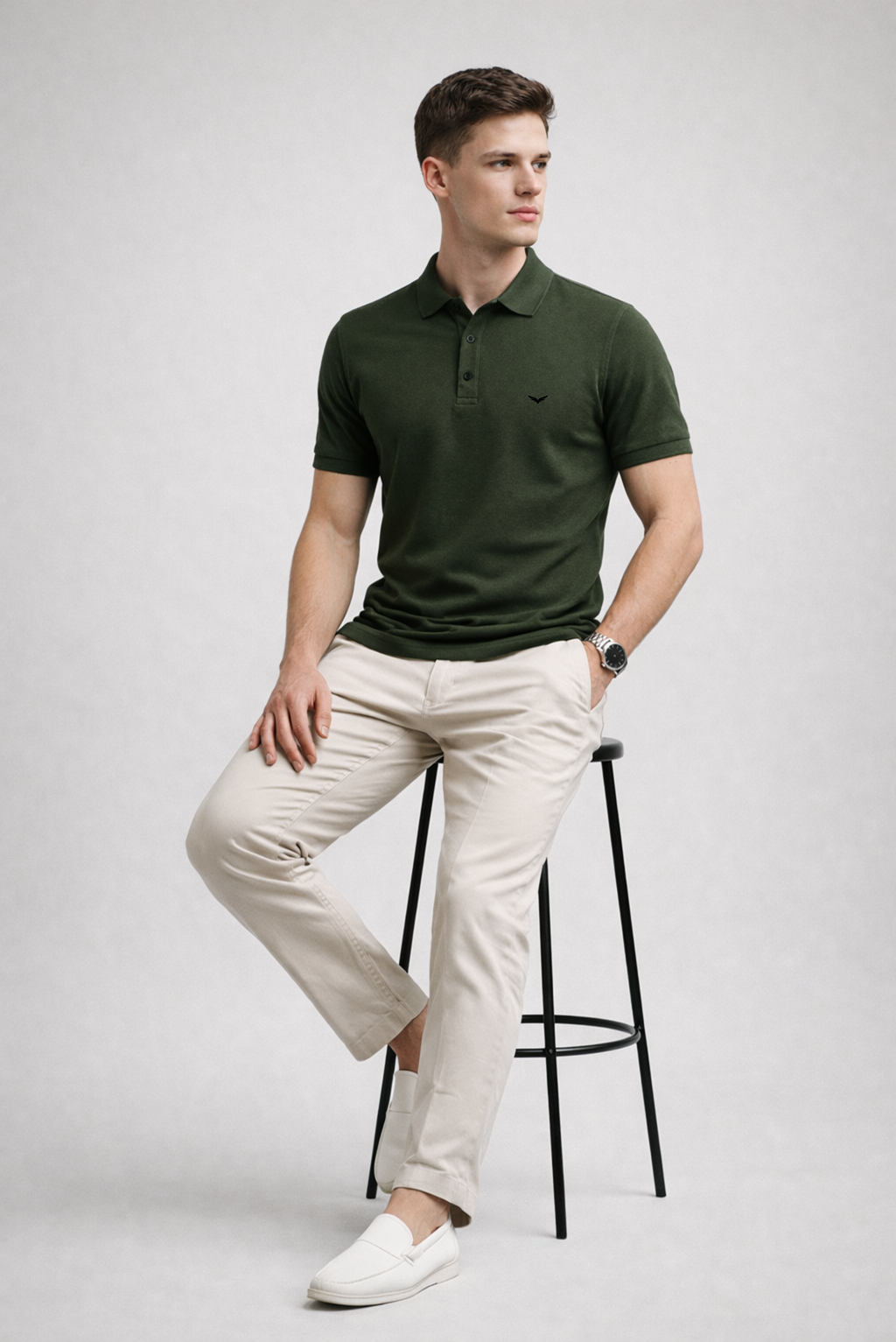 Men Slim Fit Solid Army Green Cotton Polo T-shirt