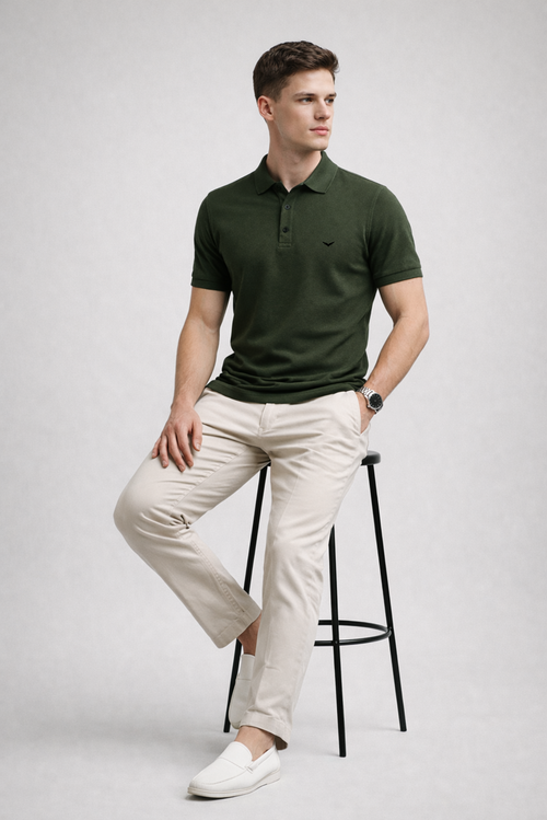 Men Slim Fit Solid Army Green Cotton Polo T-shirt