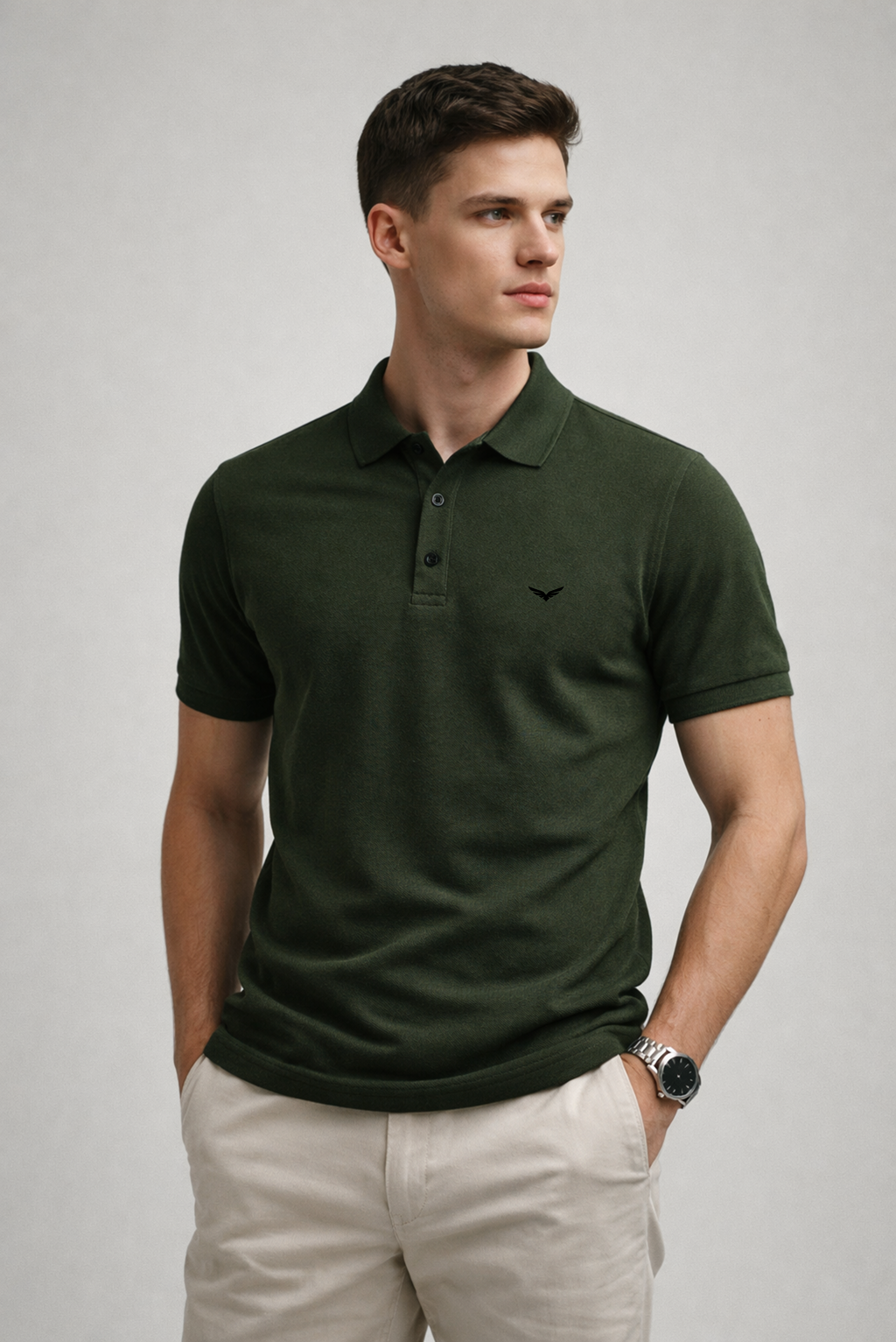 Men Slim Fit Solid Army Green Cotton Polo T-shirt