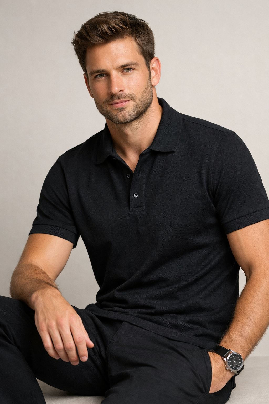 Men Slim Fit Solid Black Cotton Polo T-shirt