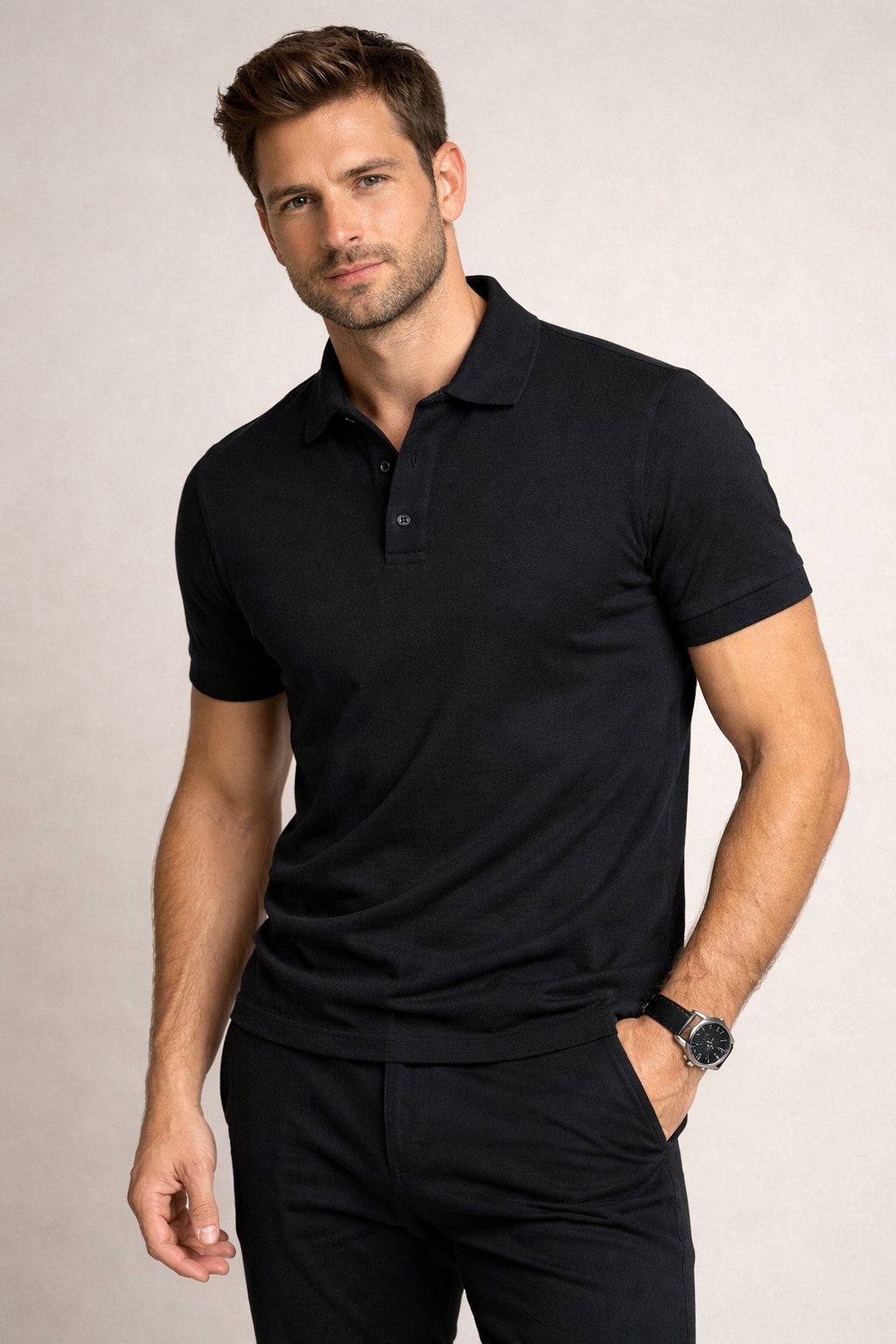 Men Slim Fit Solid Black Cotton Polo T-shirt