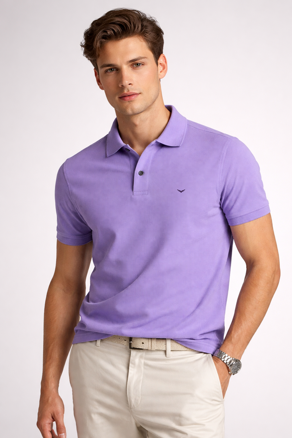 Men Slim Fit Solid Lavender Cotton Polo T-shirt