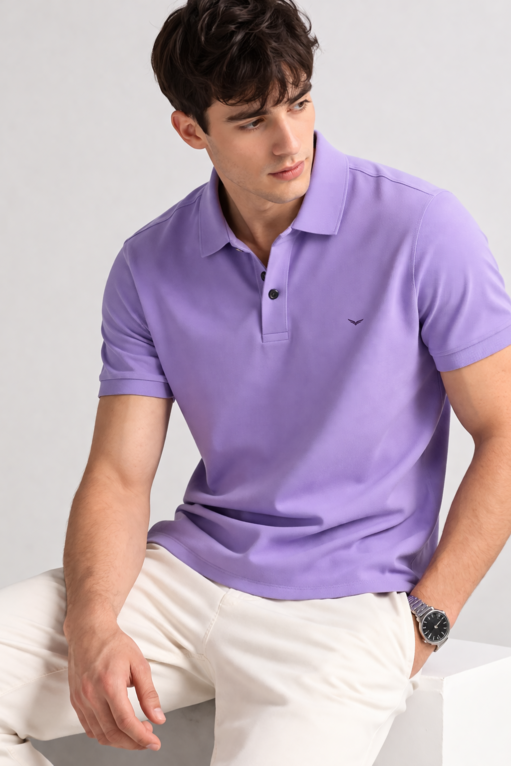 Men Slim Fit Solid Lavender Cotton Polo T-shirt